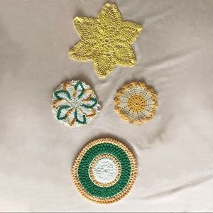 Hand Made Crochet Trivets and Yellow Doily